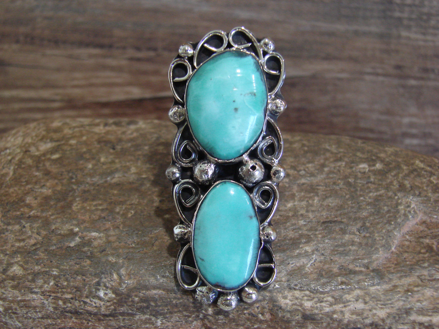 Native American Nickel Silver & Turquoise Ring by Cleveland - Size 7