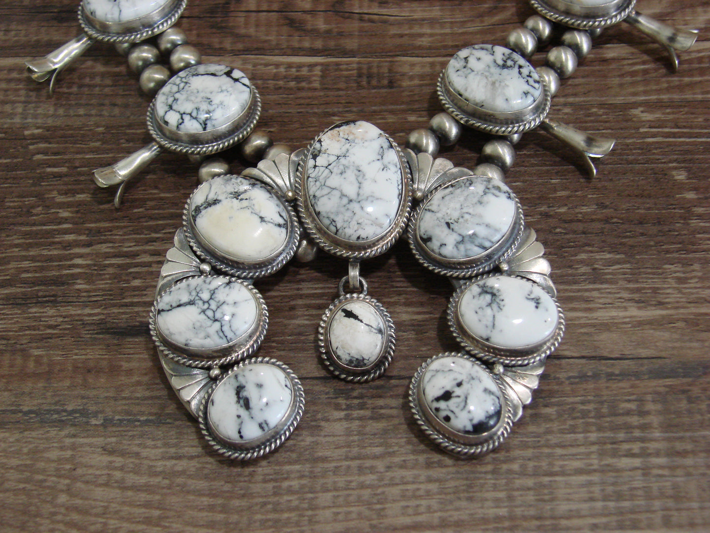 Native American Sterling Silver & White Buffalo Turquoise Squash Blossom Set by Francisco