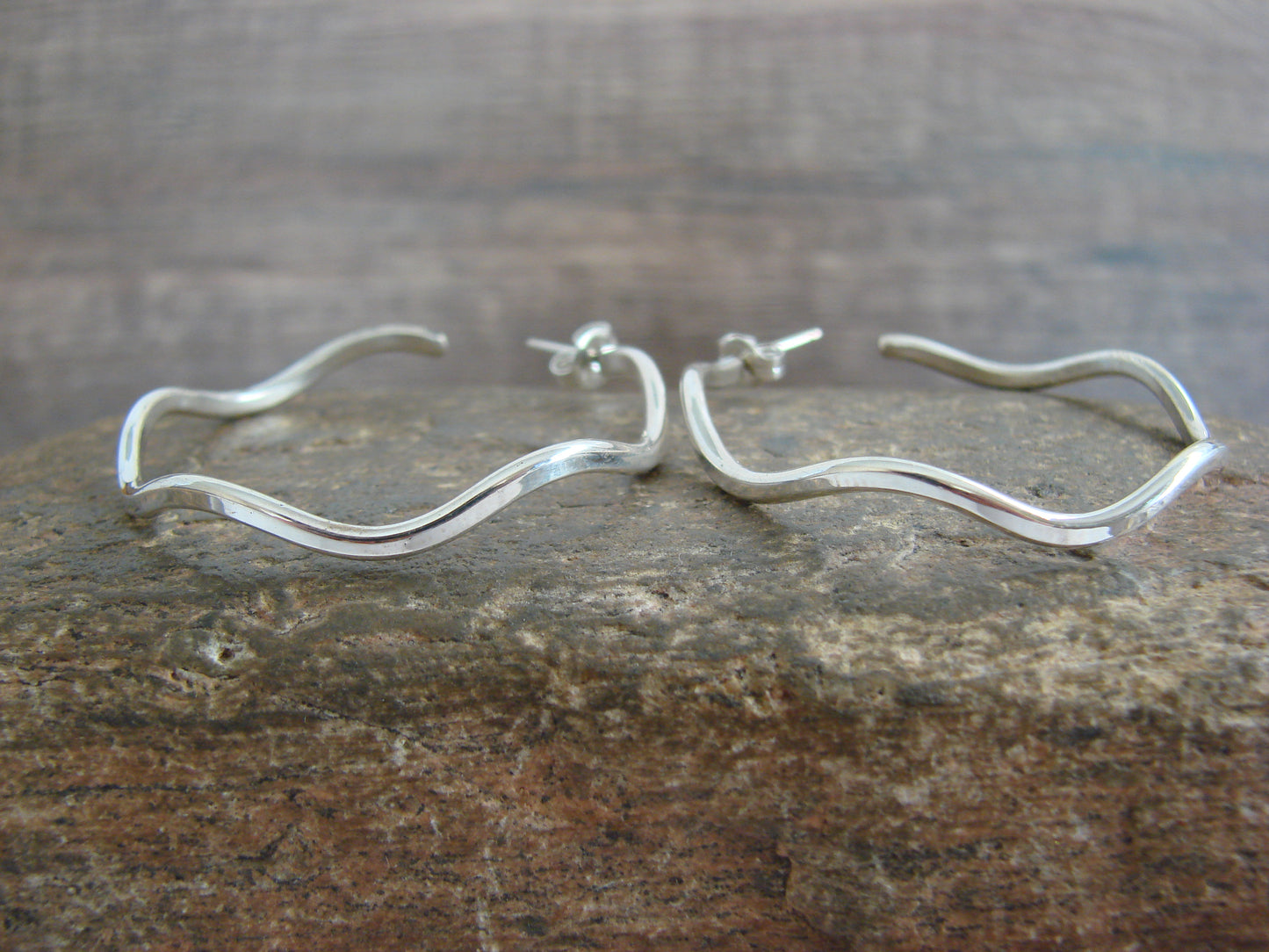 Native American Indian Sterling Silver 1 1/2" Hoop Earrings by Tahe