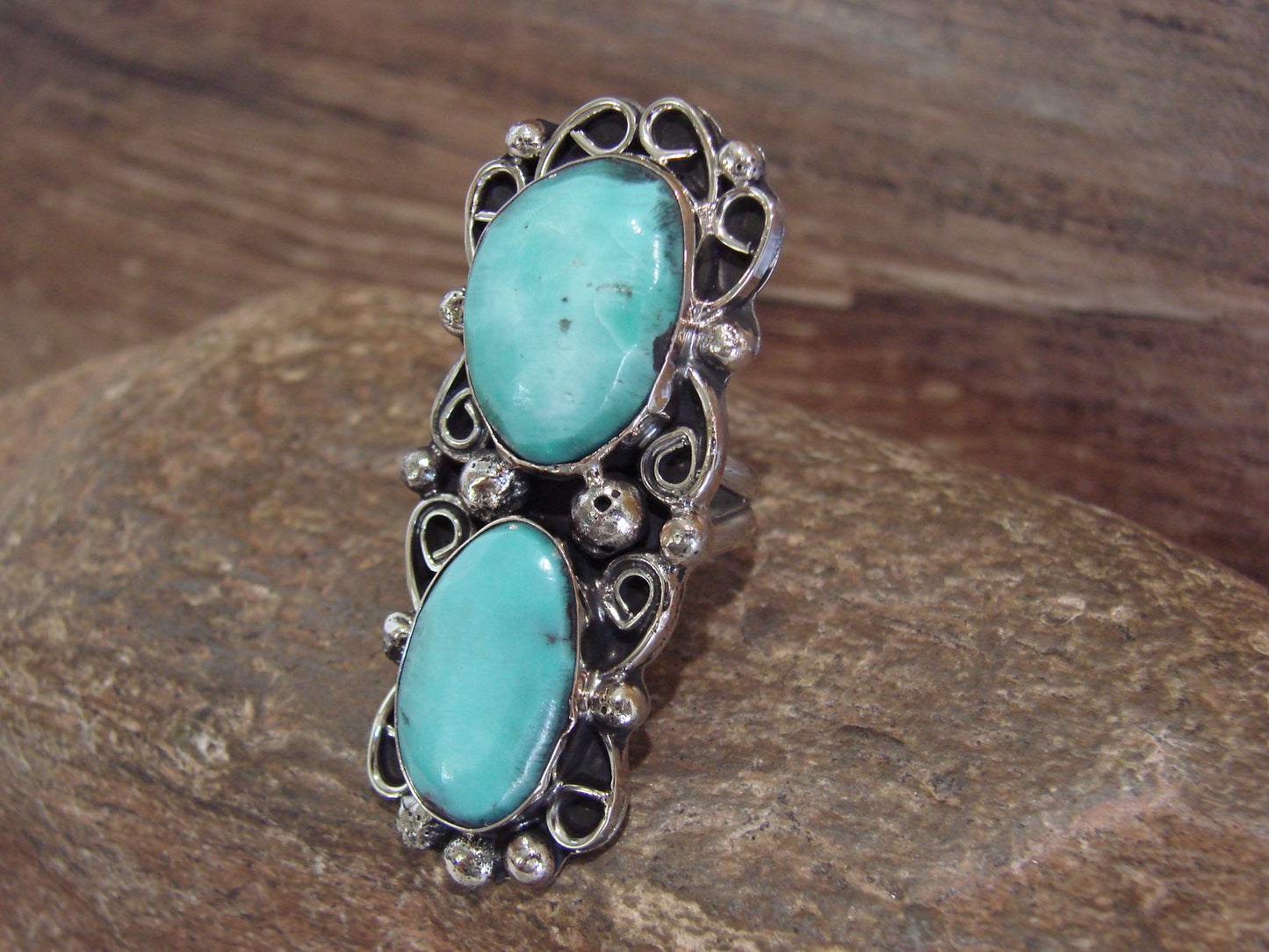 Native American Nickel Silver & Turquoise Ring by Cleveland - Size 7