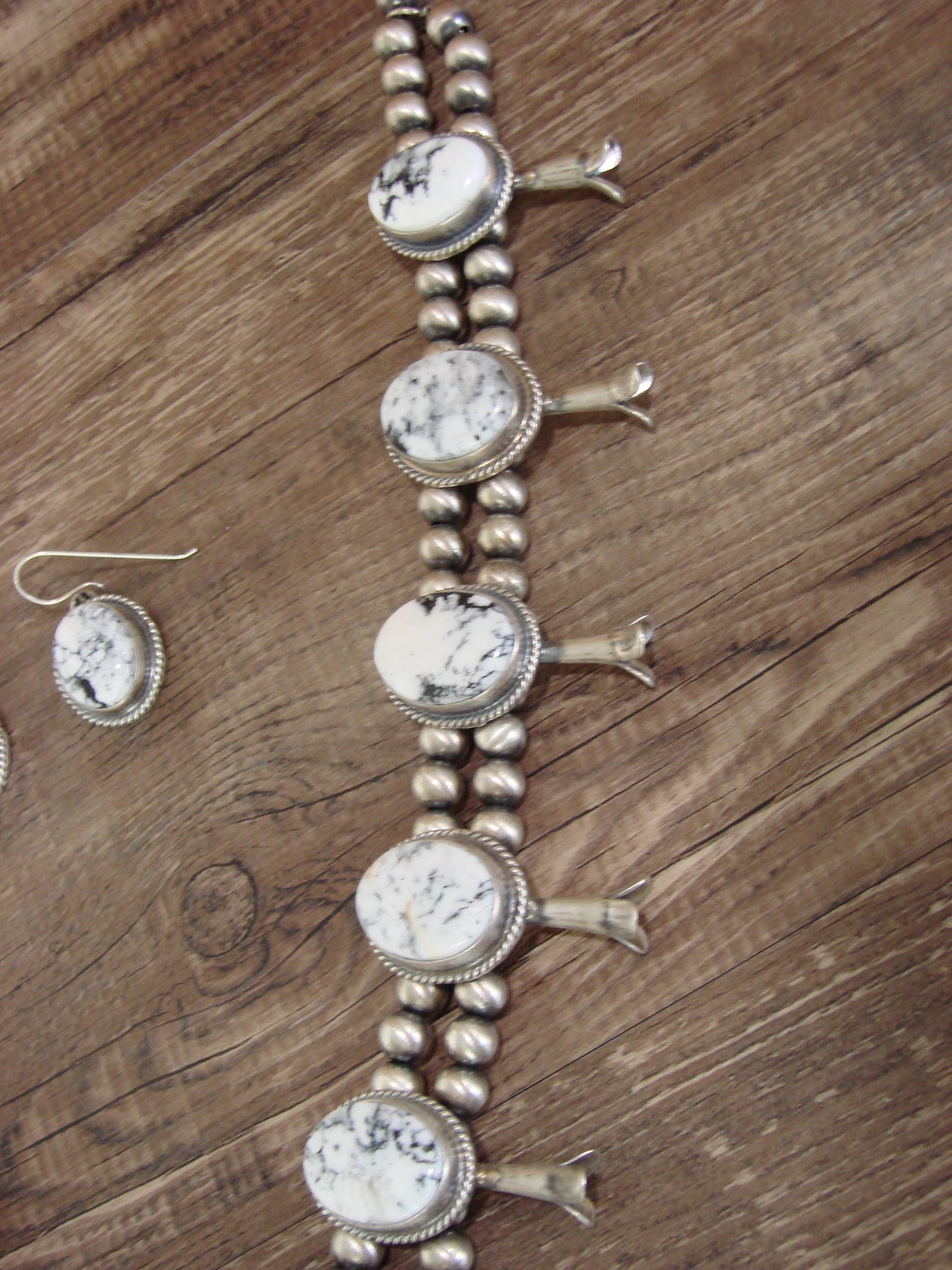 Native American Sterling Silver & White Buffalo Turquoise Squash Blossom Set by Francisco