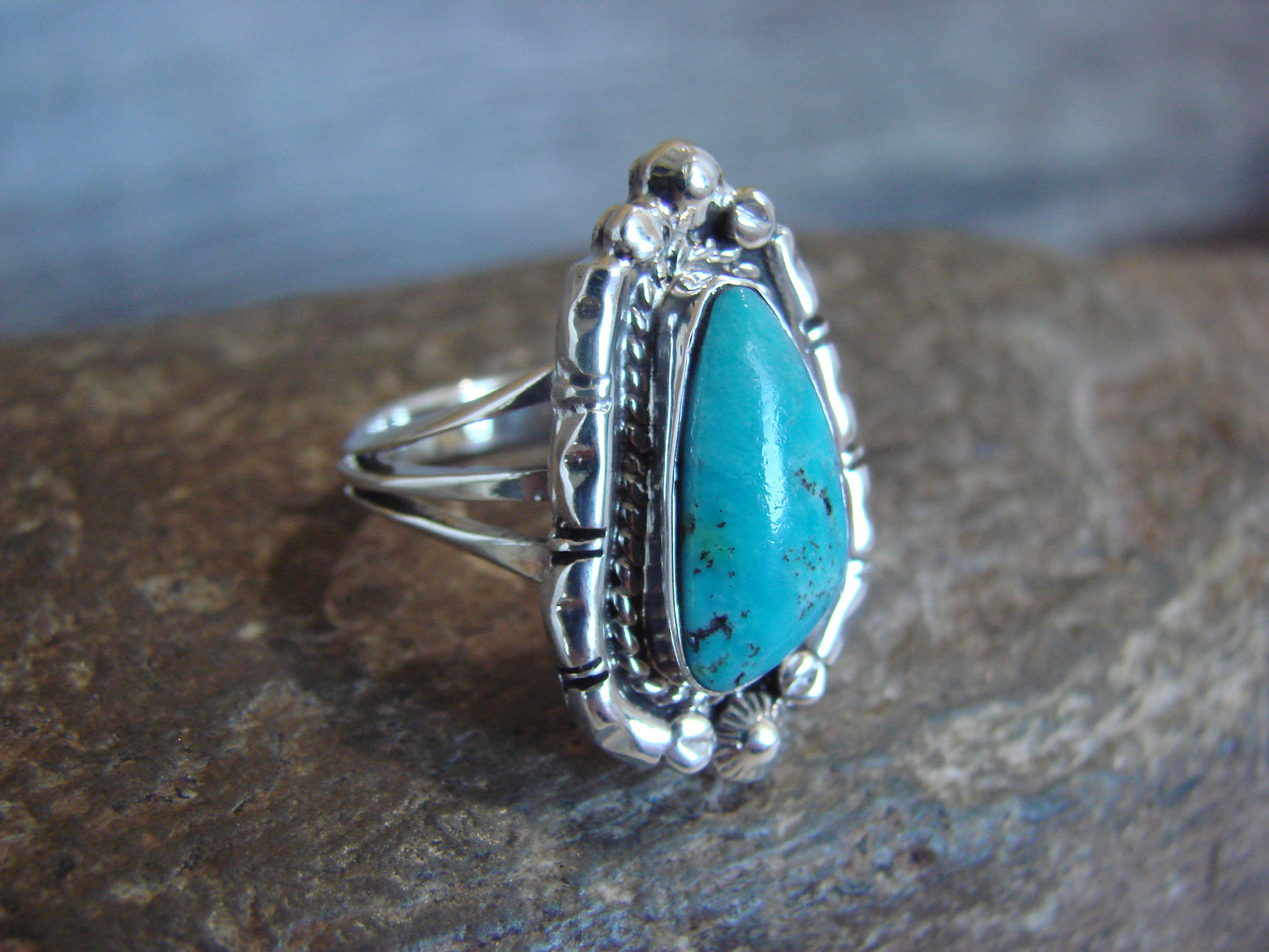 Native American Sterling Silver & Turquoise Ring - Size 7 - Saunders