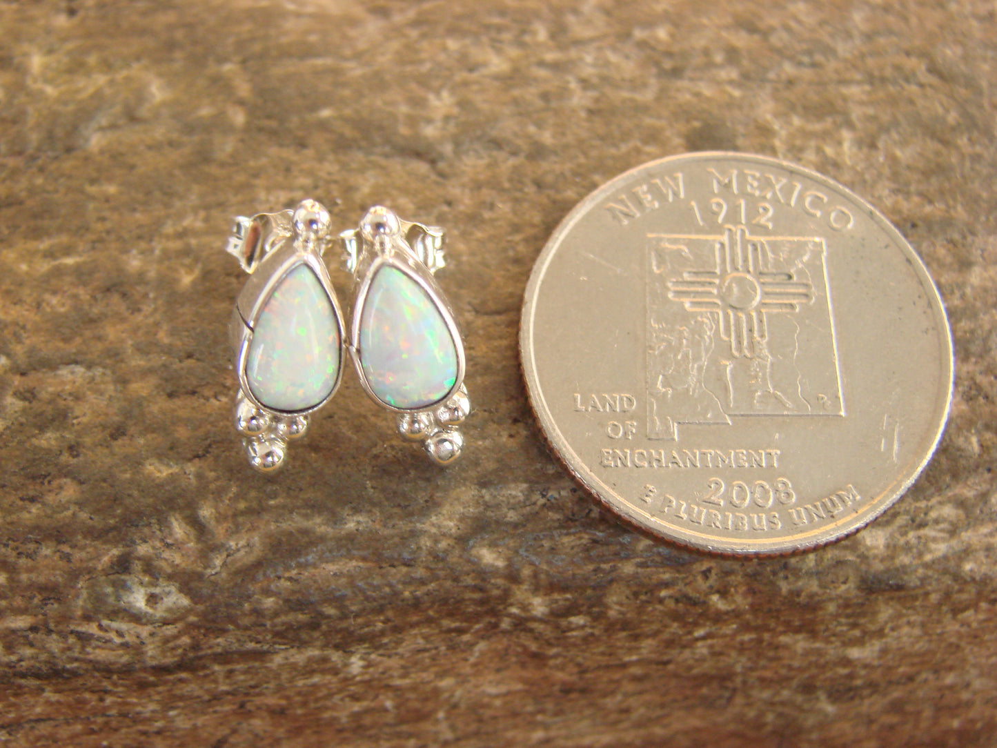 Native American Sterling Silver & White Opal Stud Post Earrings - Joe
