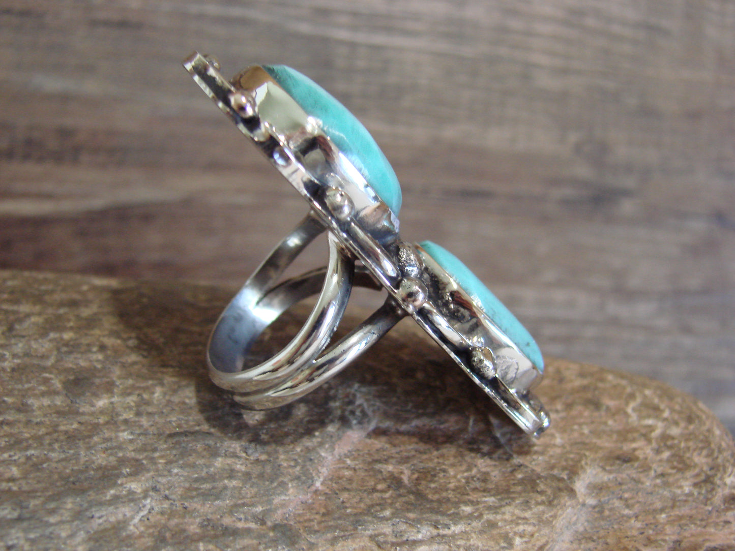 Native American Nickel Silver & Turquoise Ring by Cleveland - Size 7