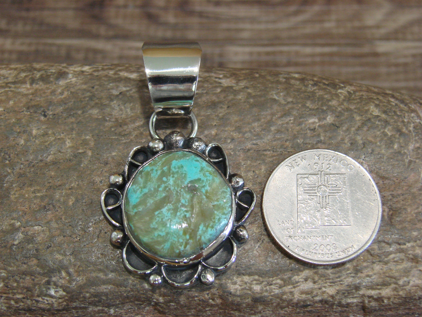 Native American Navajo Nickel Silver & Turquoise Pendant - Cleveland