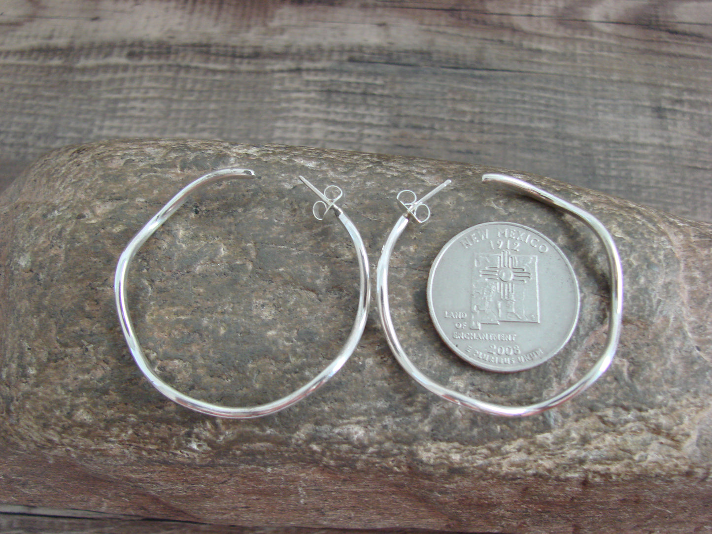 Native American Indian Sterling Silver 1 1/2" Hoop Earrings by Tahe