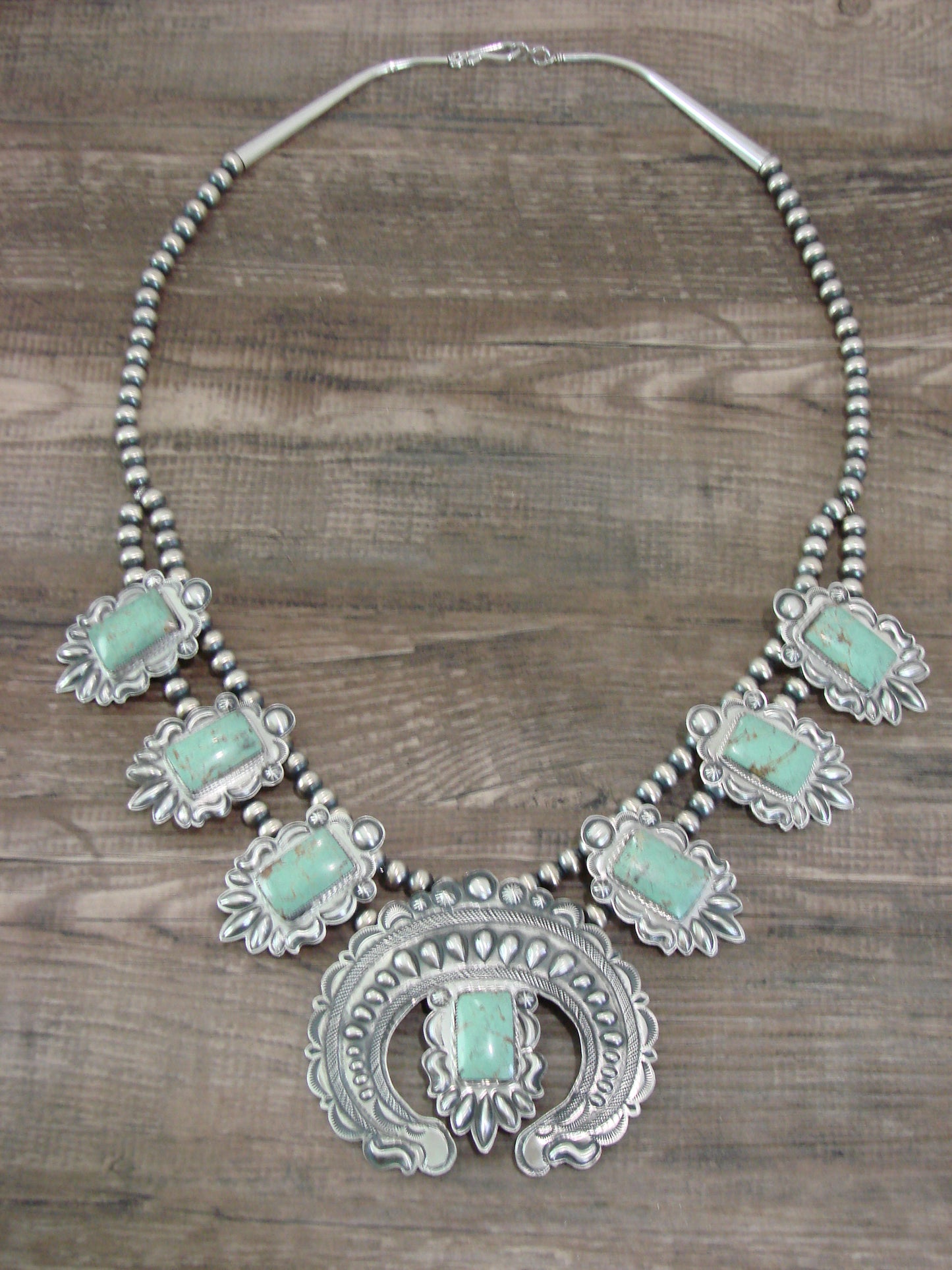 Native American Sterling Silver & Turquoise Squash Blossom Necklace by Charley