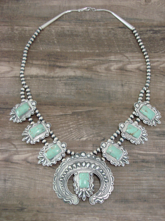 Native American Sterling Silver & Turquoise Squash Blossom Necklace by Charley