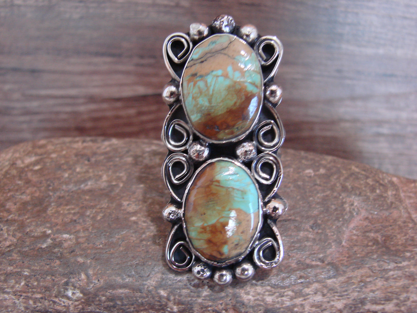 Native American Nickel Silver & Turquoise Adjustable Ring by Cleveland - Size 8 - 10