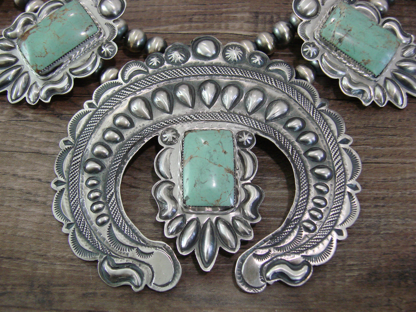 Native American Sterling Silver & Turquoise Squash Blossom Necklace by Charley