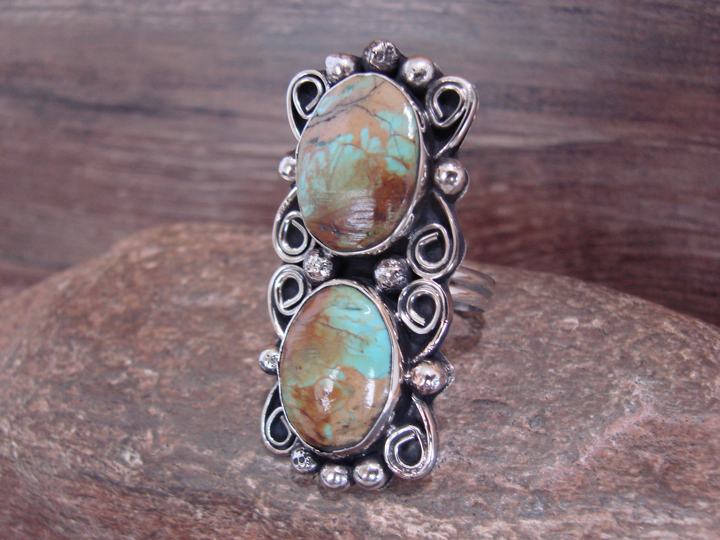 Native American Nickel Silver & Turquoise Adjustable Ring by Cleveland - Size 8 - 10