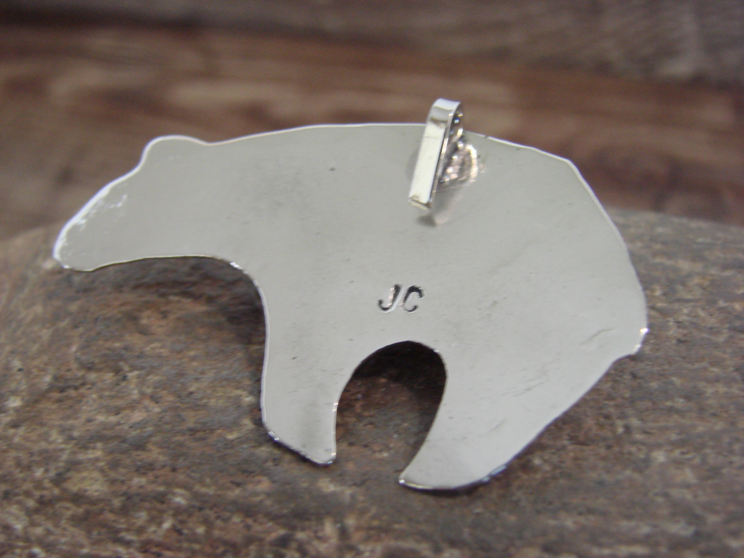 Native American Nickel Silver & Coral Bear Pendant - Cleveland