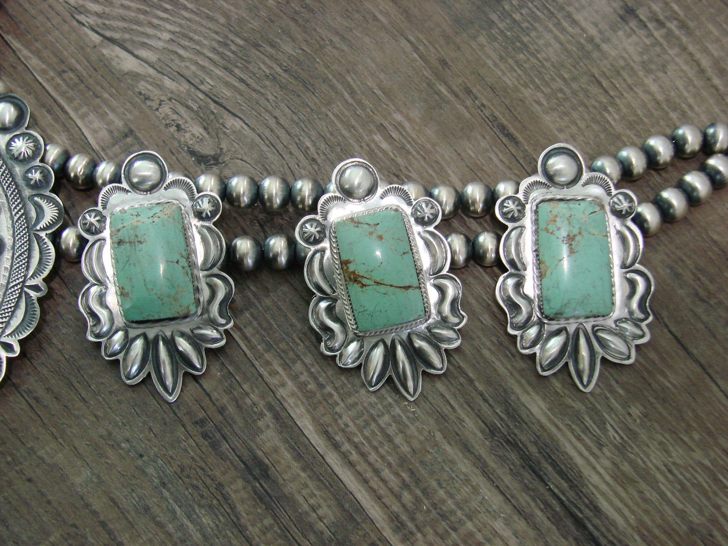 Native American Sterling Silver & Turquoise Squash Blossom Necklace by Charley