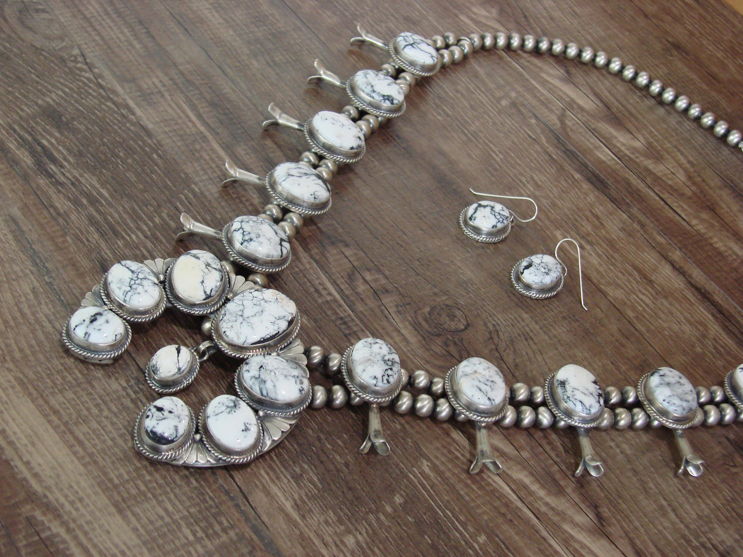 Native American Sterling Silver & White Buffalo Turquoise Squash Blossom Set by Francisco