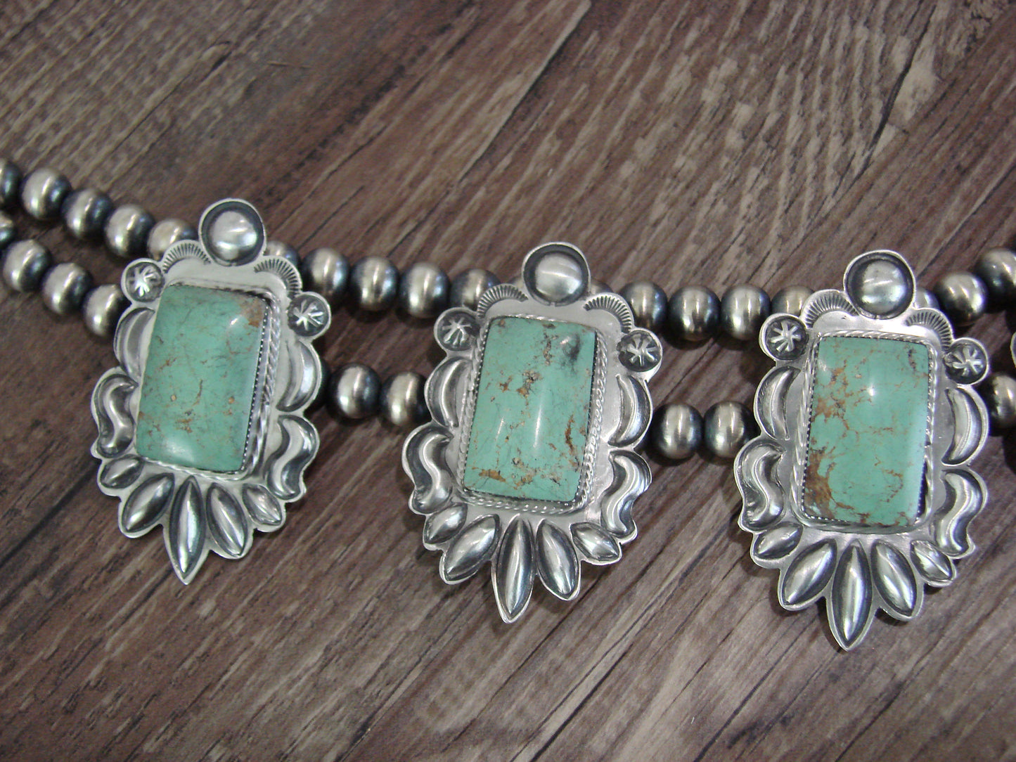Native American Sterling Silver & Turquoise Squash Blossom Necklace by Charley