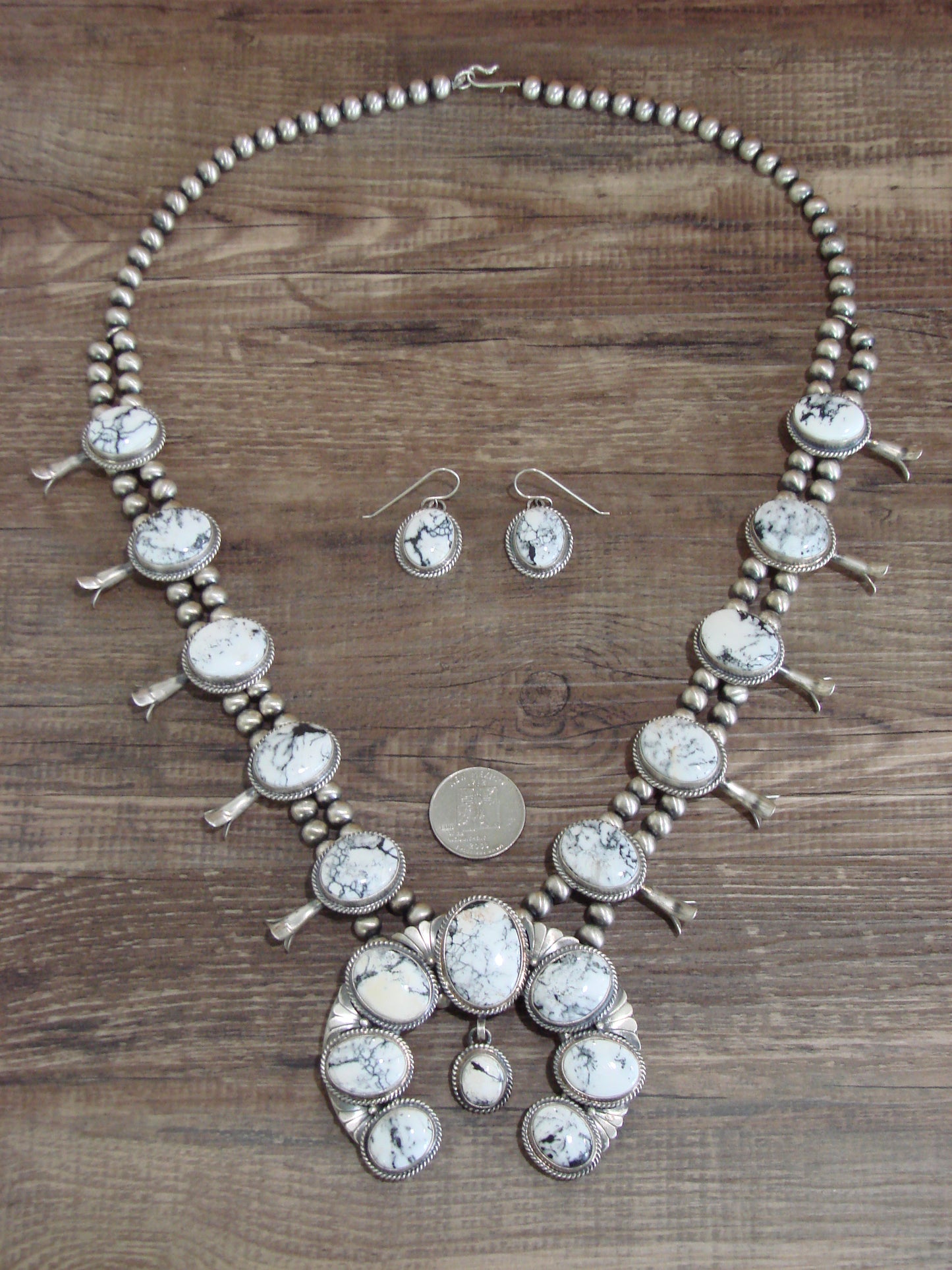 Native American Sterling Silver & White Buffalo Turquoise Squash Blossom Set by Francisco