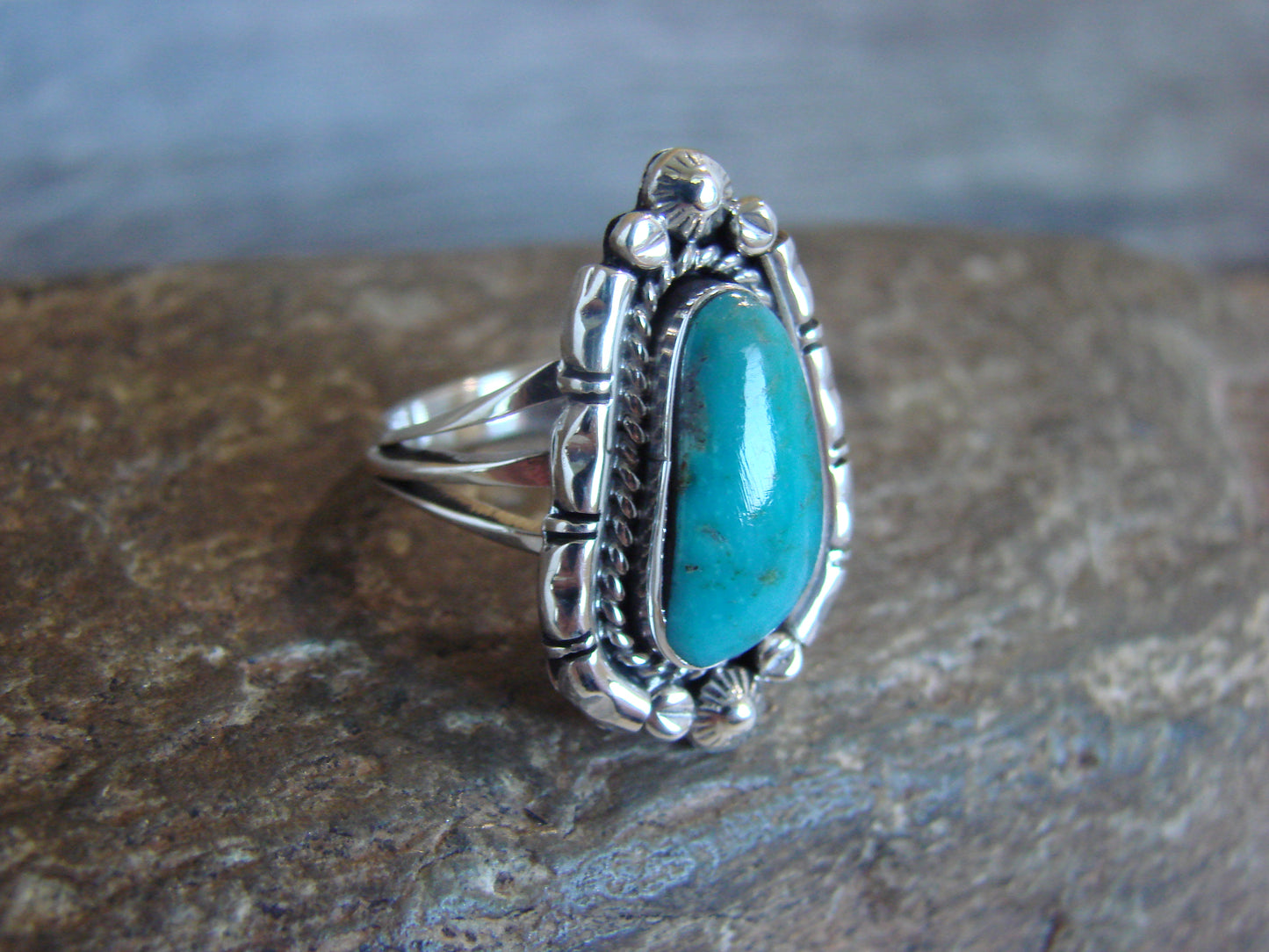 Native American Sterling Silver & Turquoise Ring - Size 8 - Saunders