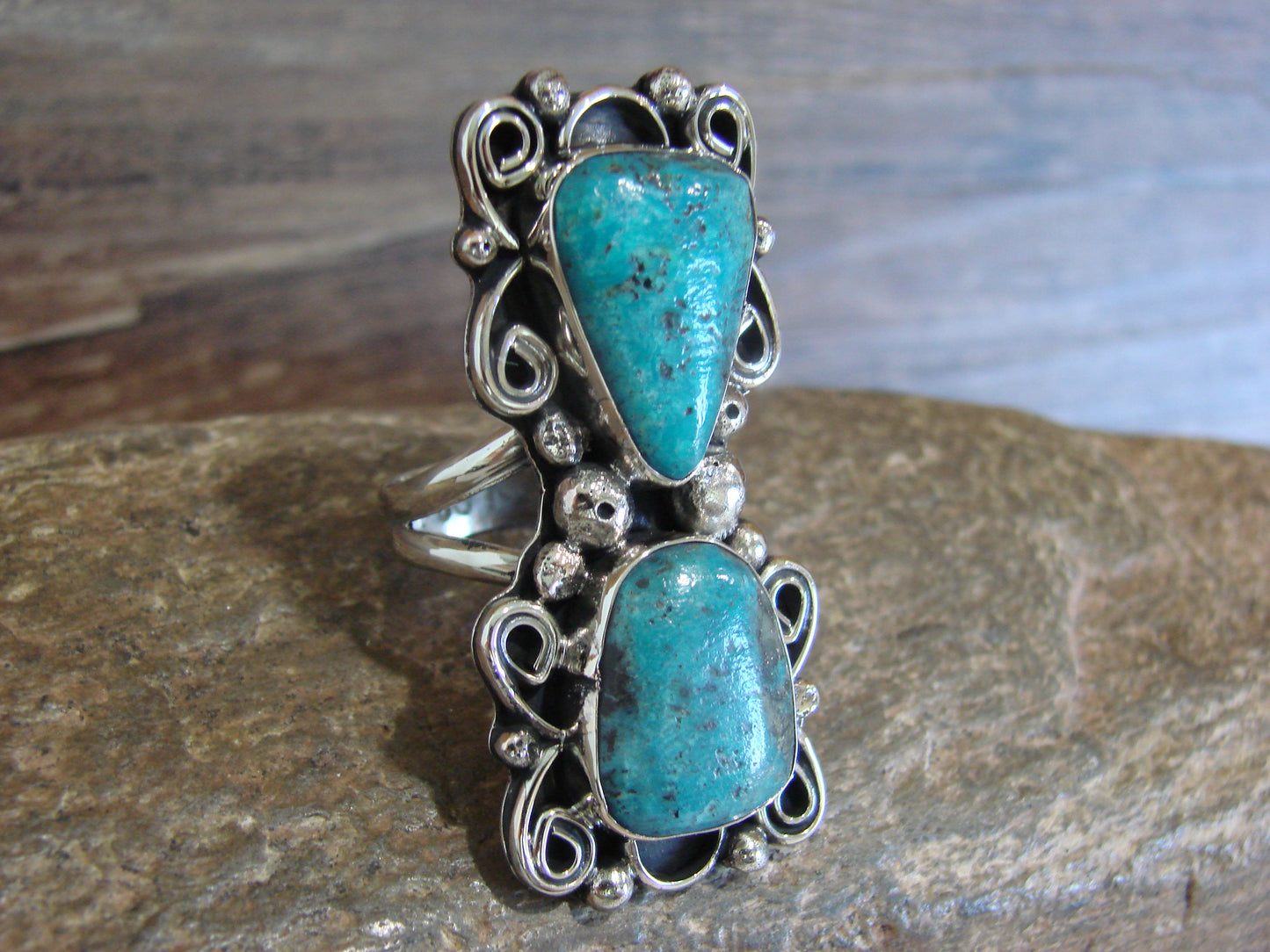 Native American Nickel Silver & Turquoise Ring by Cleveland - Size 9
