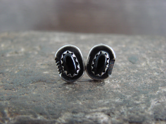 Native American Sterling Silver Handmade Onyx Post Earrings - Joe
