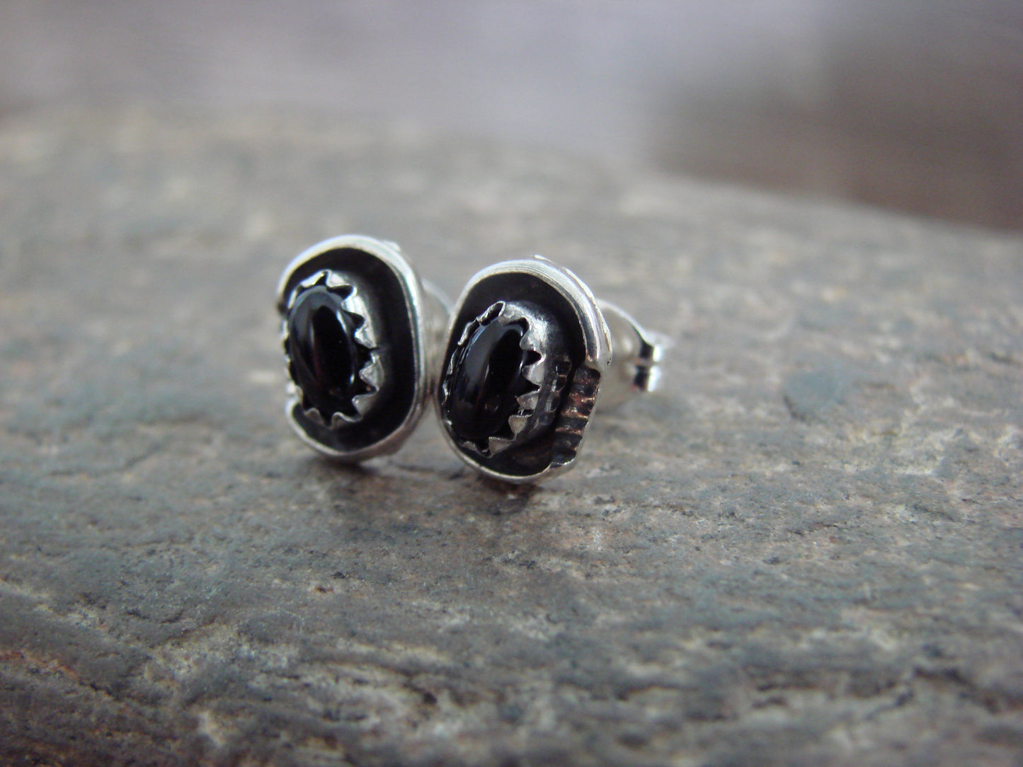 Native American Sterling Silver Handmade Onyx Post Earrings - Joe
