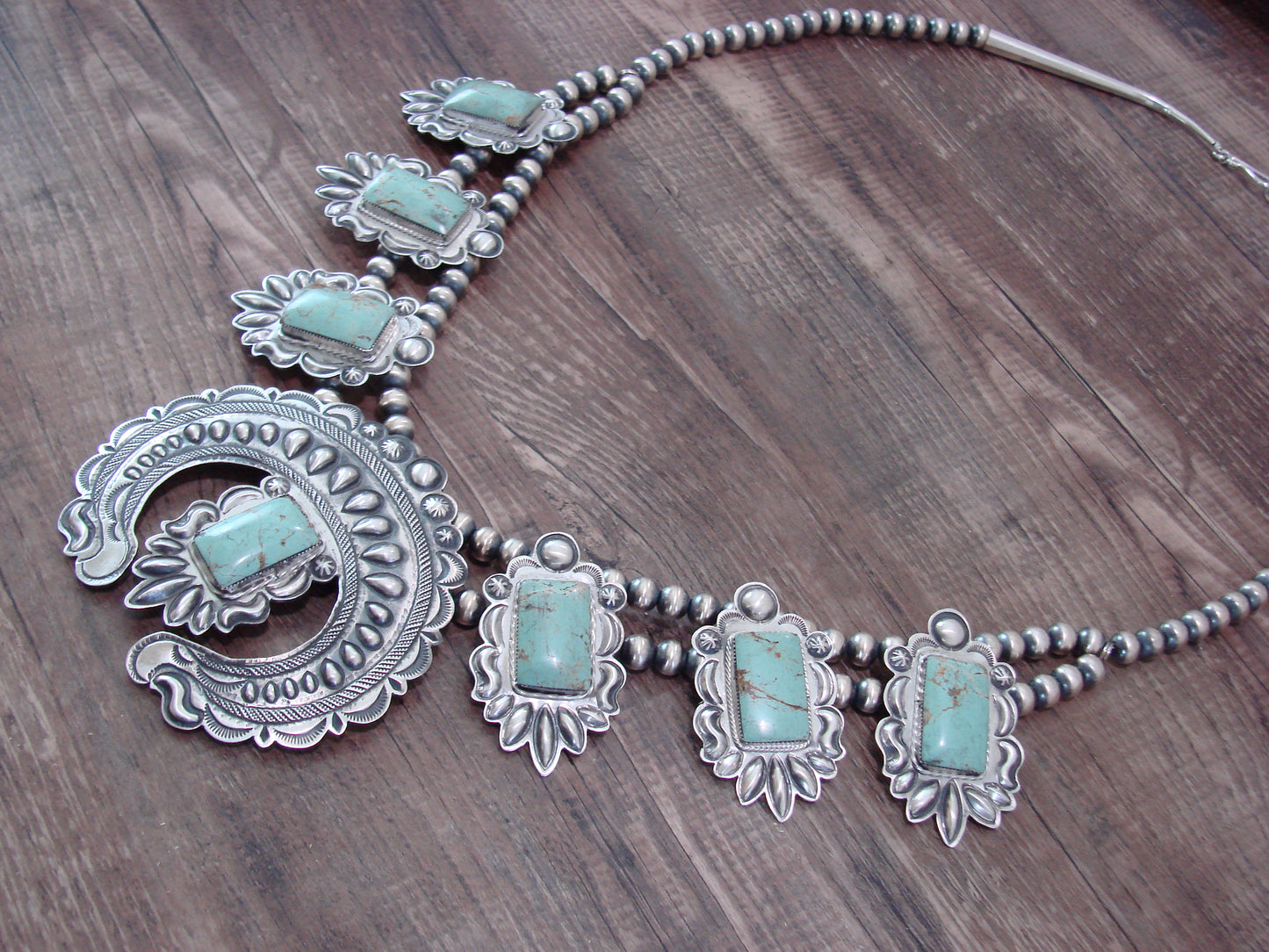 Native American Sterling Silver & Turquoise Squash Blossom Necklace by Charley