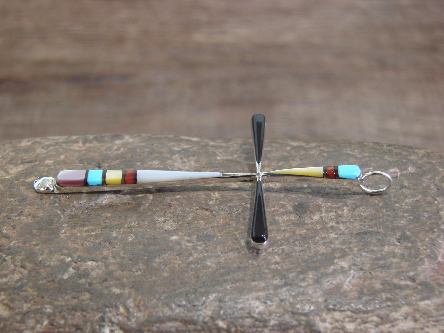 Native American Sterling Silver Multi Stone Inlay Cross Pendant by Noche