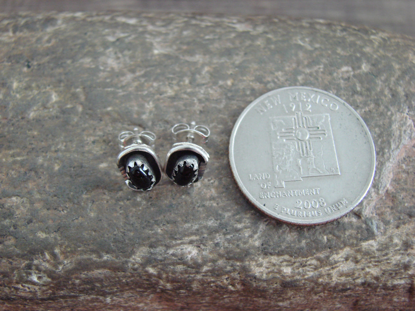Native American Sterling Silver Handmade Onyx Post Earrings - Joe