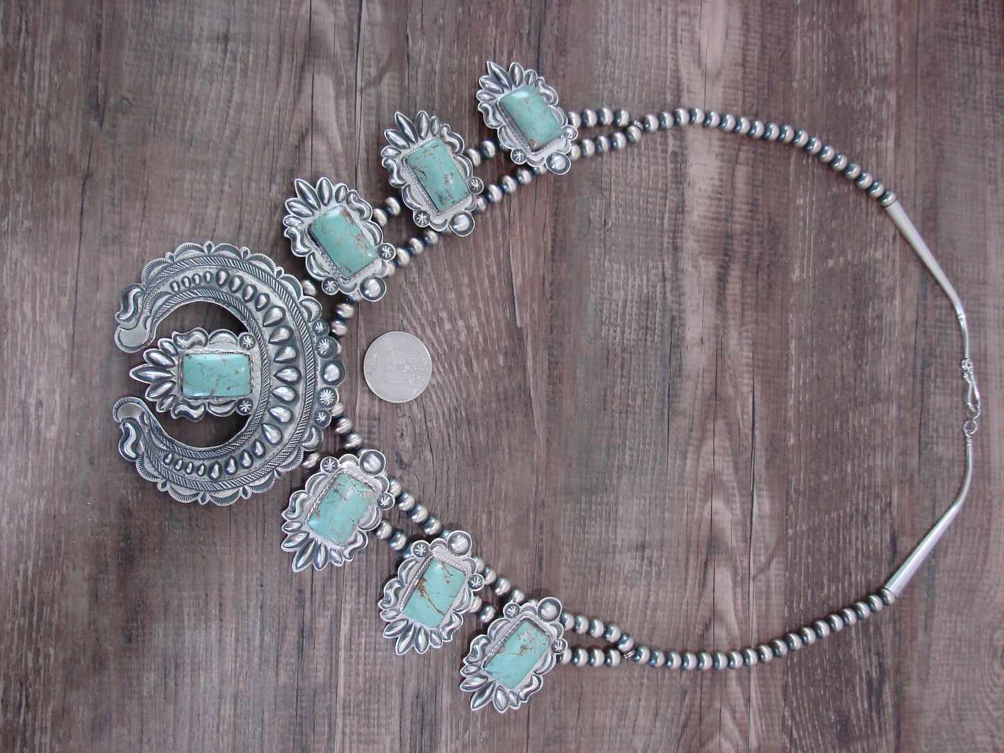 Native American Sterling Silver & Turquoise Squash Blossom Necklace by Charley
