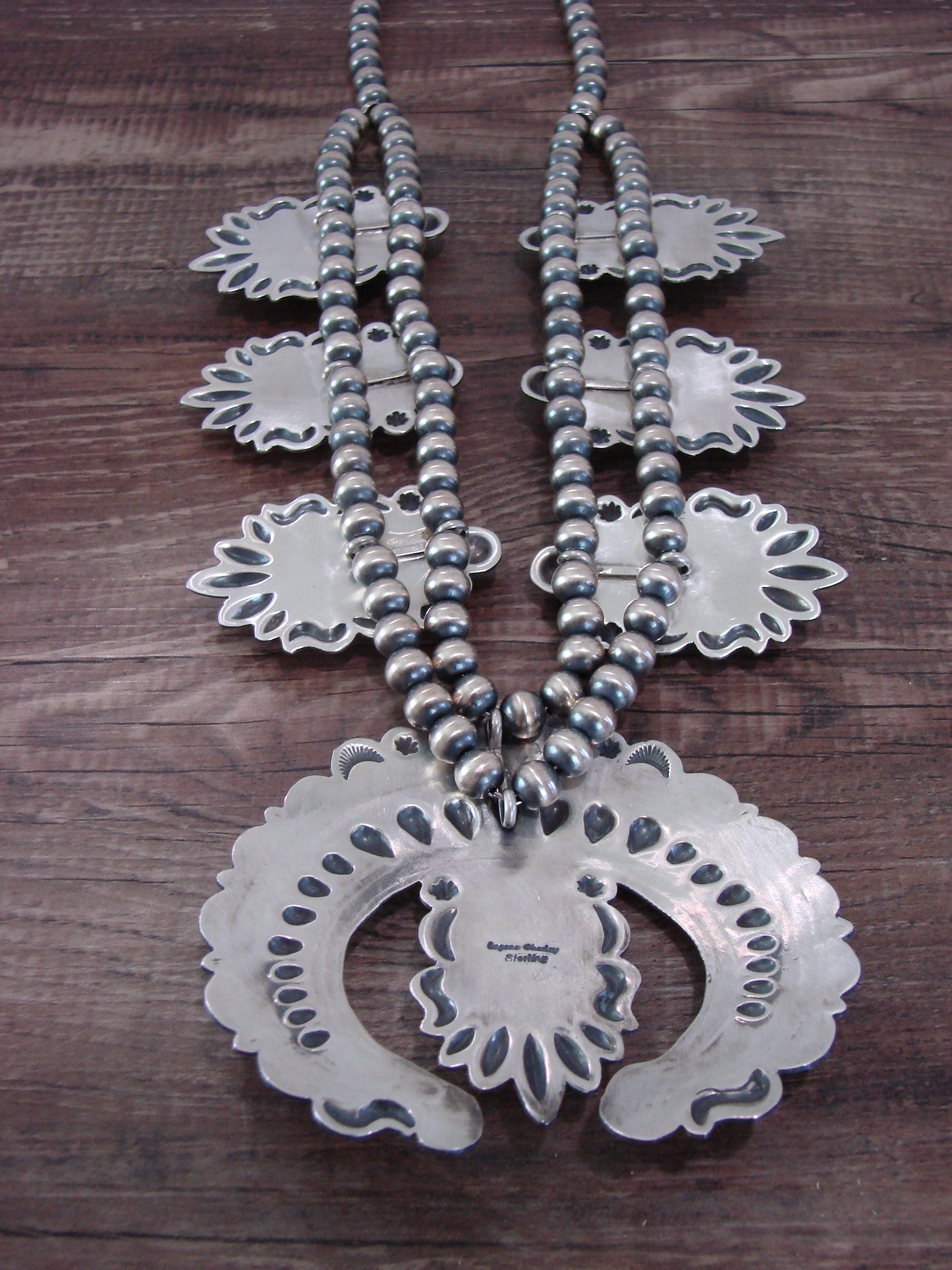Native American Sterling Silver & Turquoise Squash Blossom Necklace by Charley