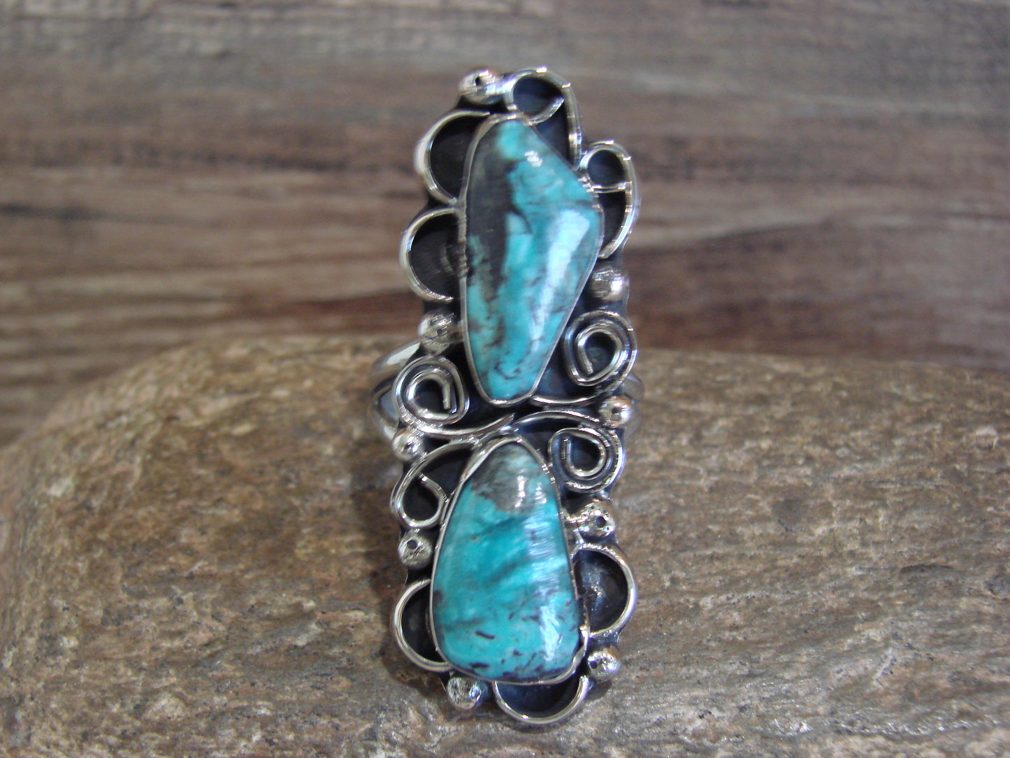 Native American Nickel Silver & Turquoise Ring by Cleveland - Size 11