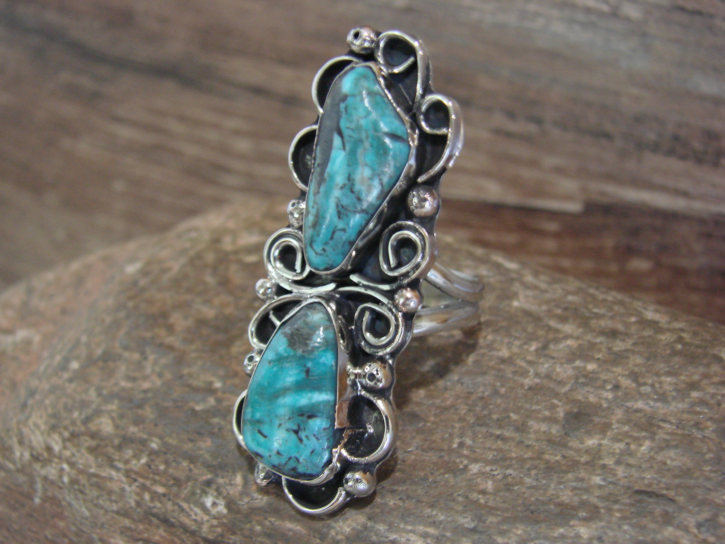 Native American Nickel Silver & Turquoise Ring by Cleveland - Size 11