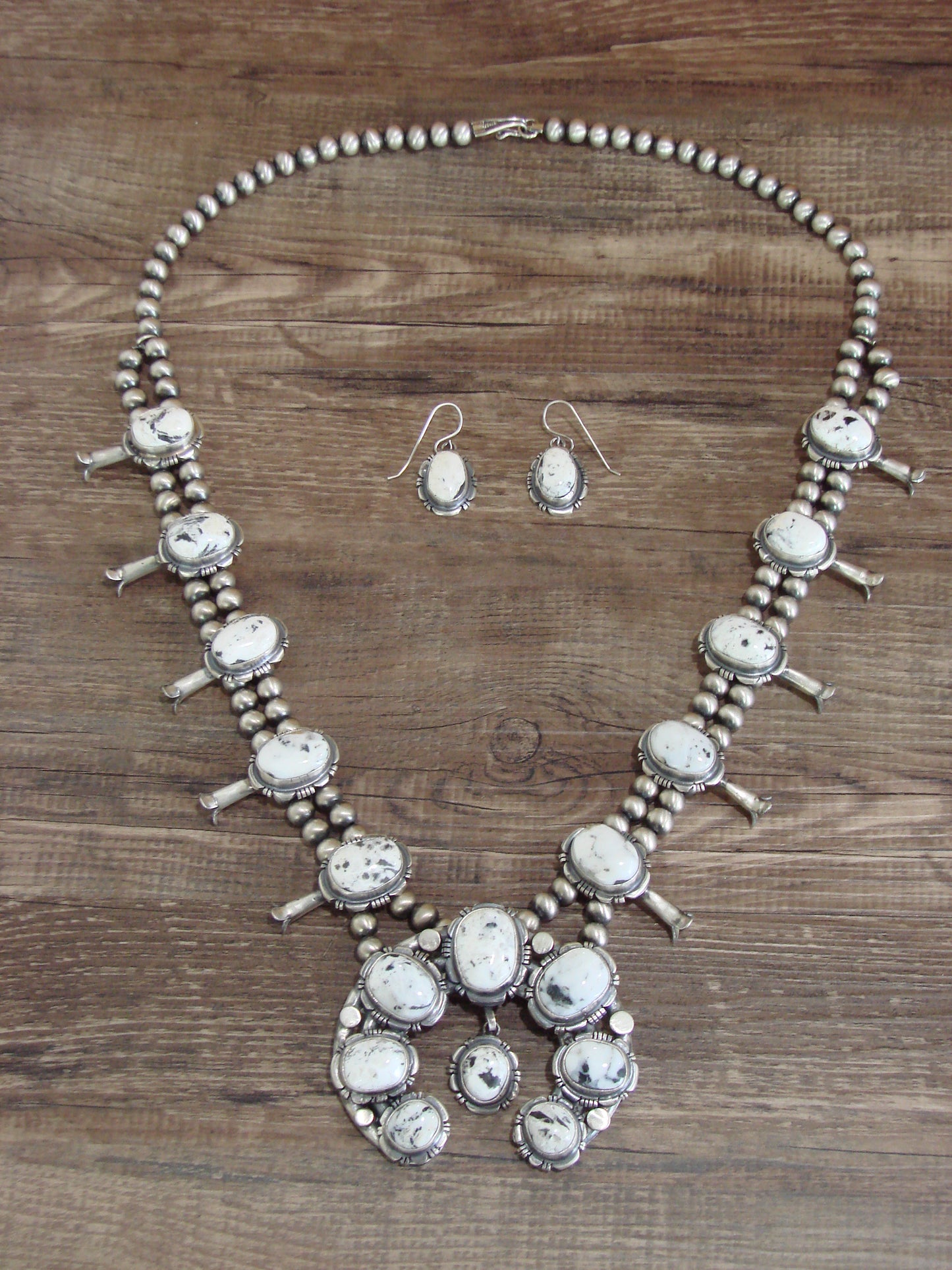 Native American Sterling Silver & White Buffalo Turquoise Squash Blossom Set by Francisco
