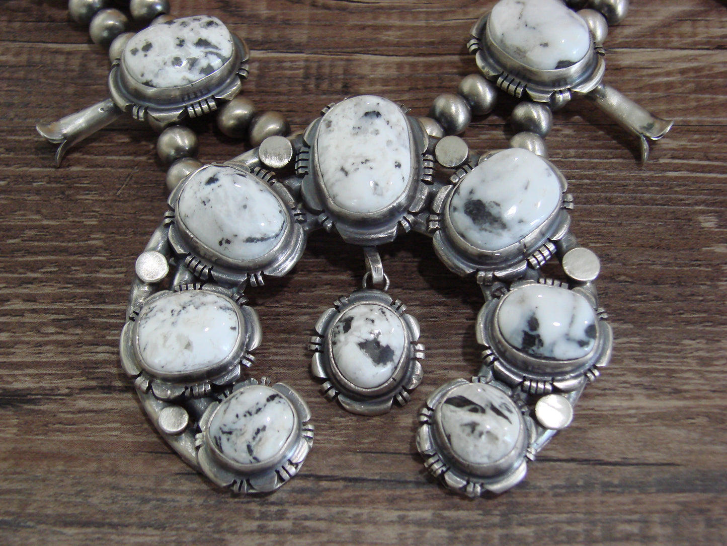 Native American Sterling Silver & White Buffalo Turquoise Squash Blossom Set by Francisco