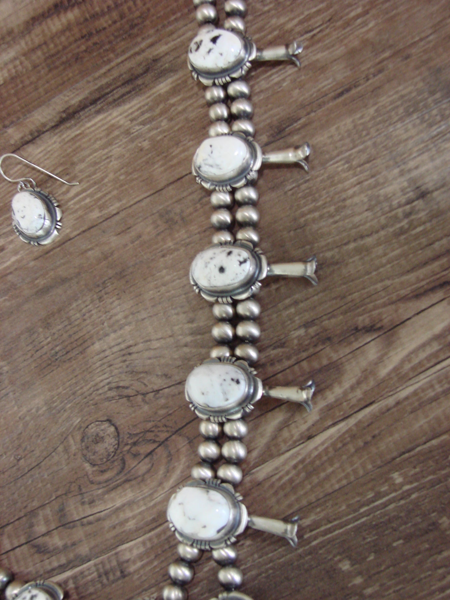 Native American Sterling Silver & White Buffalo Turquoise Squash Blossom Set by Francisco