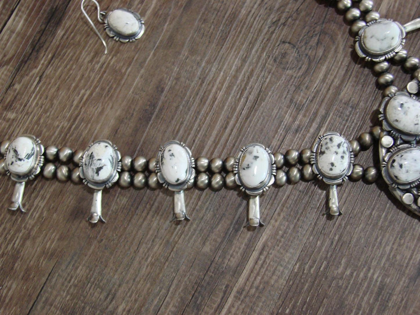 Native American Sterling Silver & White Buffalo Turquoise Squash Blossom Set by Francisco