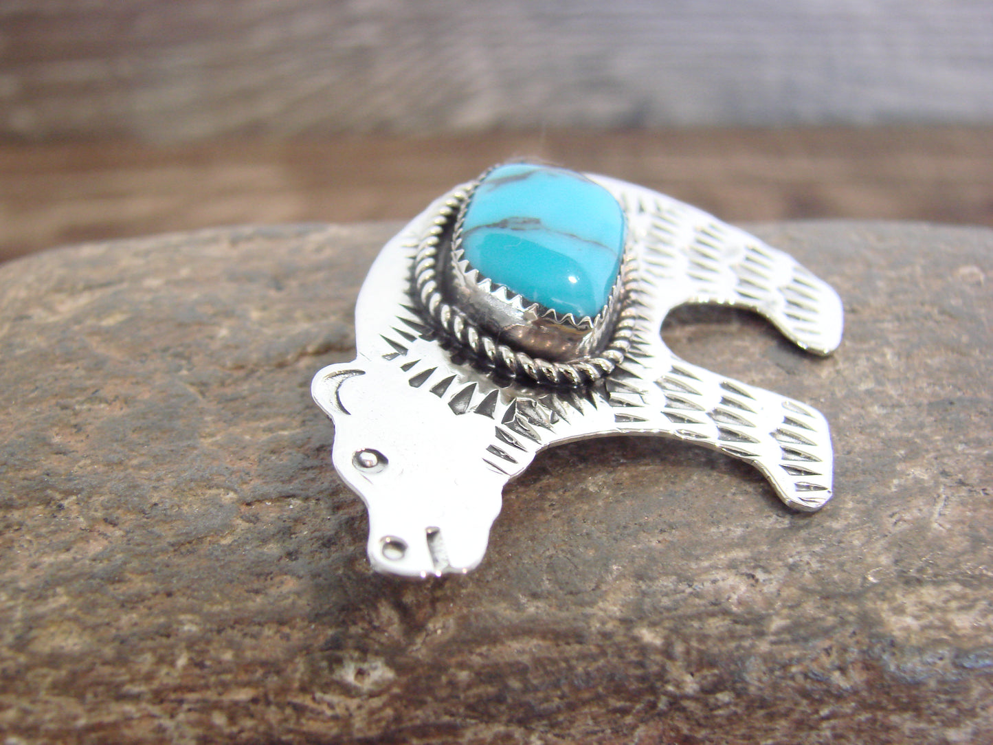 Native American Nickel Silver & Turquoise Bear Pendant - Cleveland