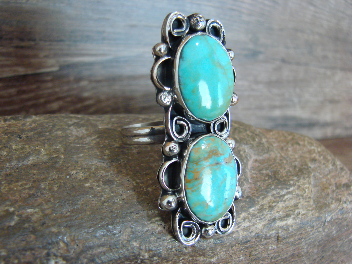 Native American Nickel Silver & Turquoise Adjustable Ring by Cleveland - Size 8 - 10