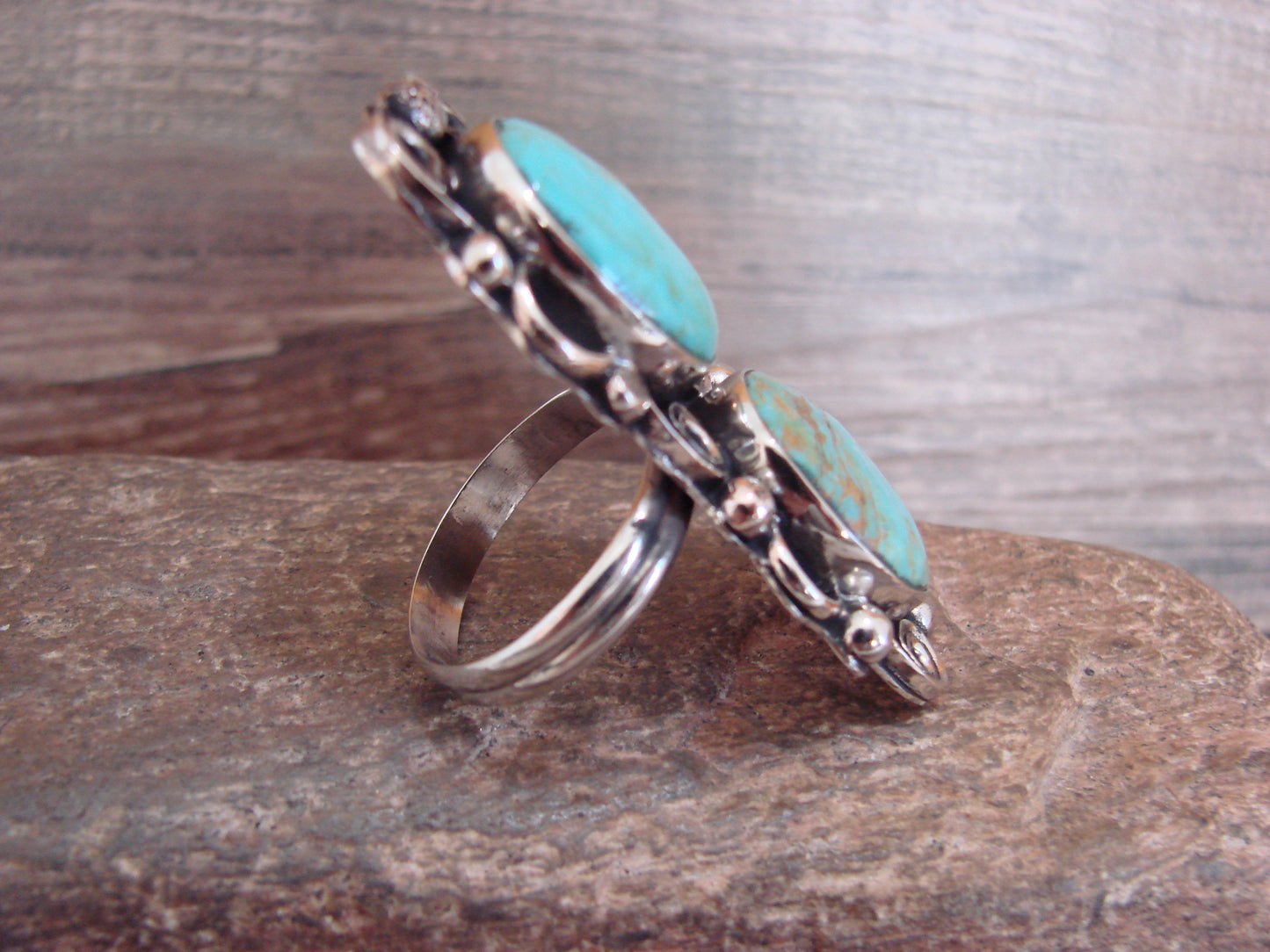 Native American Nickel Silver & Turquoise Adjustable Ring by Cleveland - Size 8 - 10