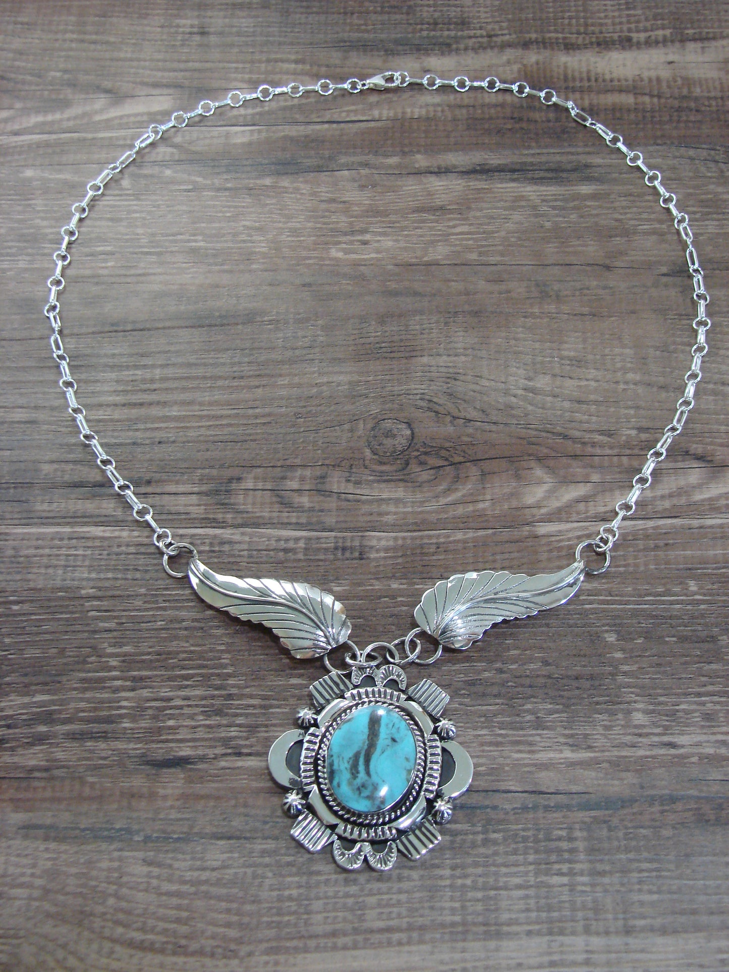 Native American 25" Sterling Silver & Turquoise Link Necklace by Belin