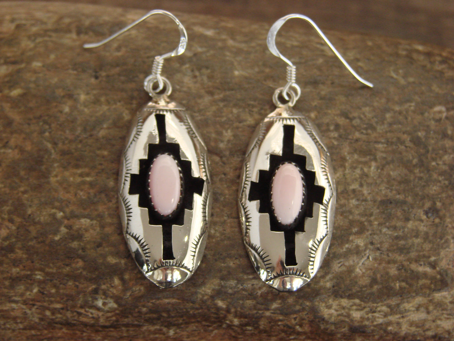 Native American Sterling Silver Shadowbox Pink Conch Dangle Earrings - Perry