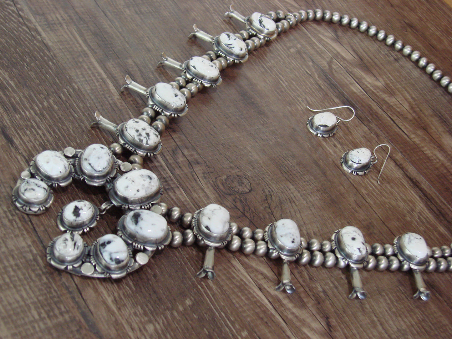 Native American Sterling Silver & White Buffalo Turquoise Squash Blossom Set by Francisco
