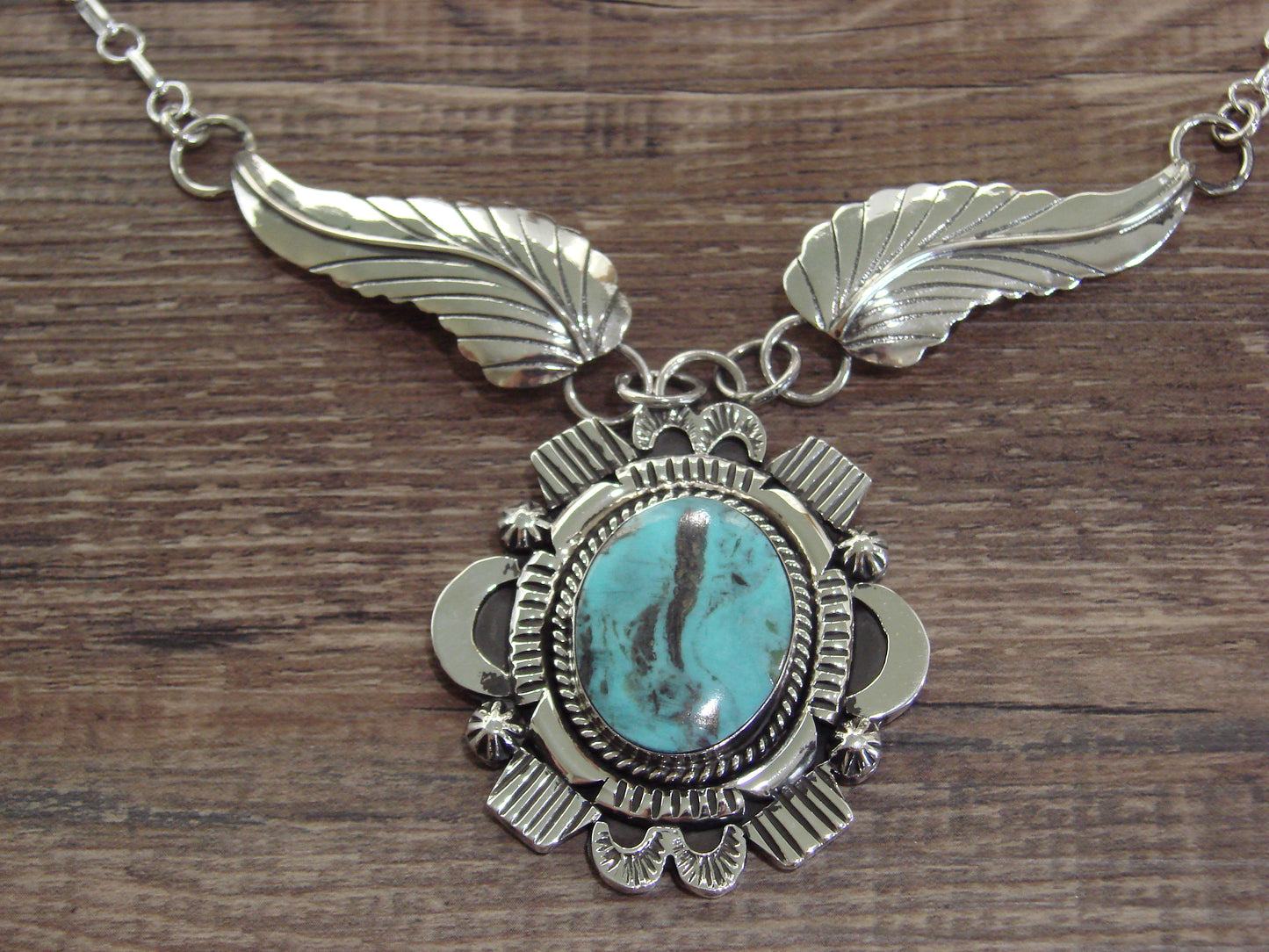 Native American 25" Sterling Silver & Turquoise Link Necklace by Belin