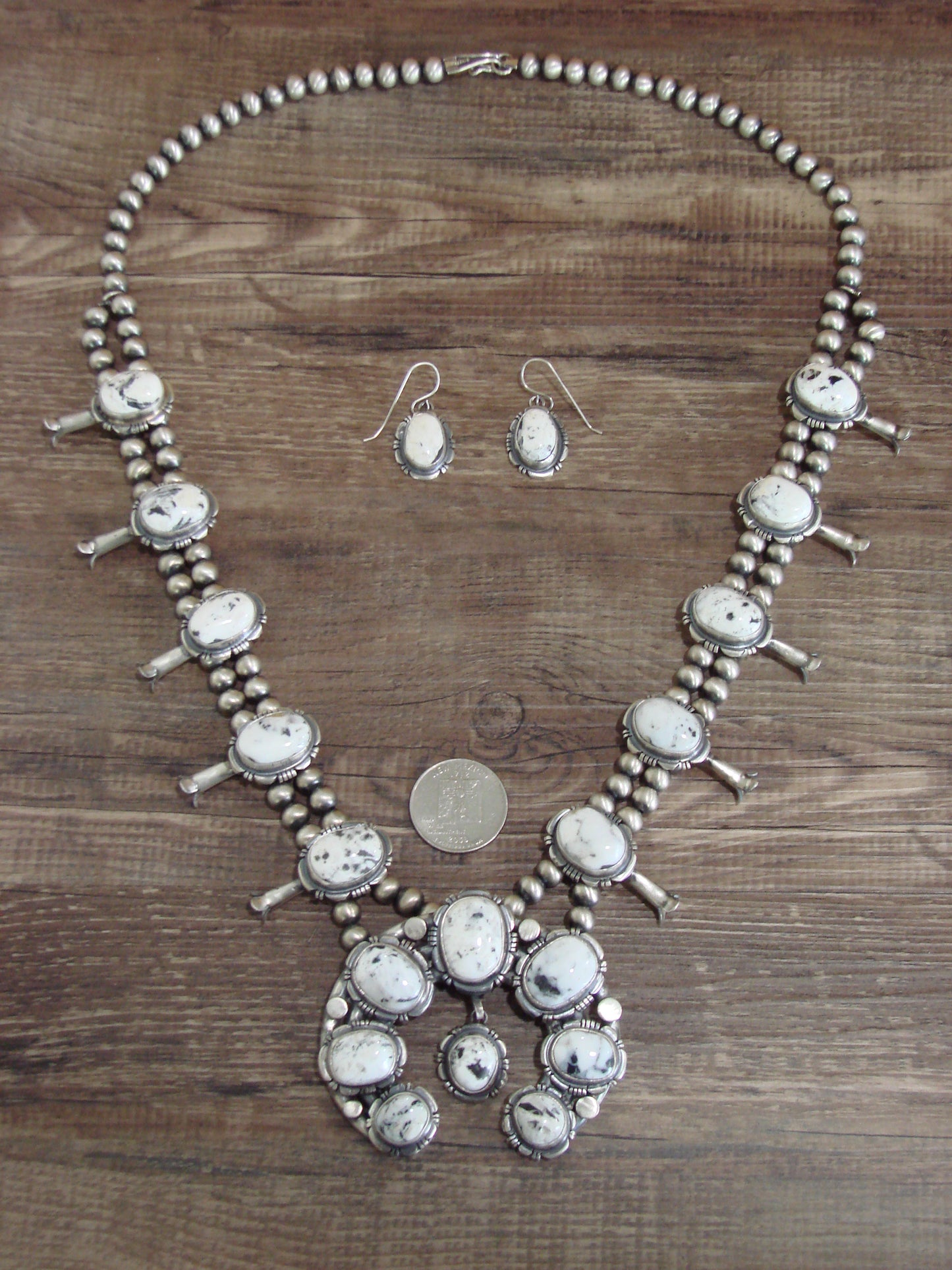 Native American Sterling Silver & White Buffalo Turquoise Squash Blossom Set by Francisco