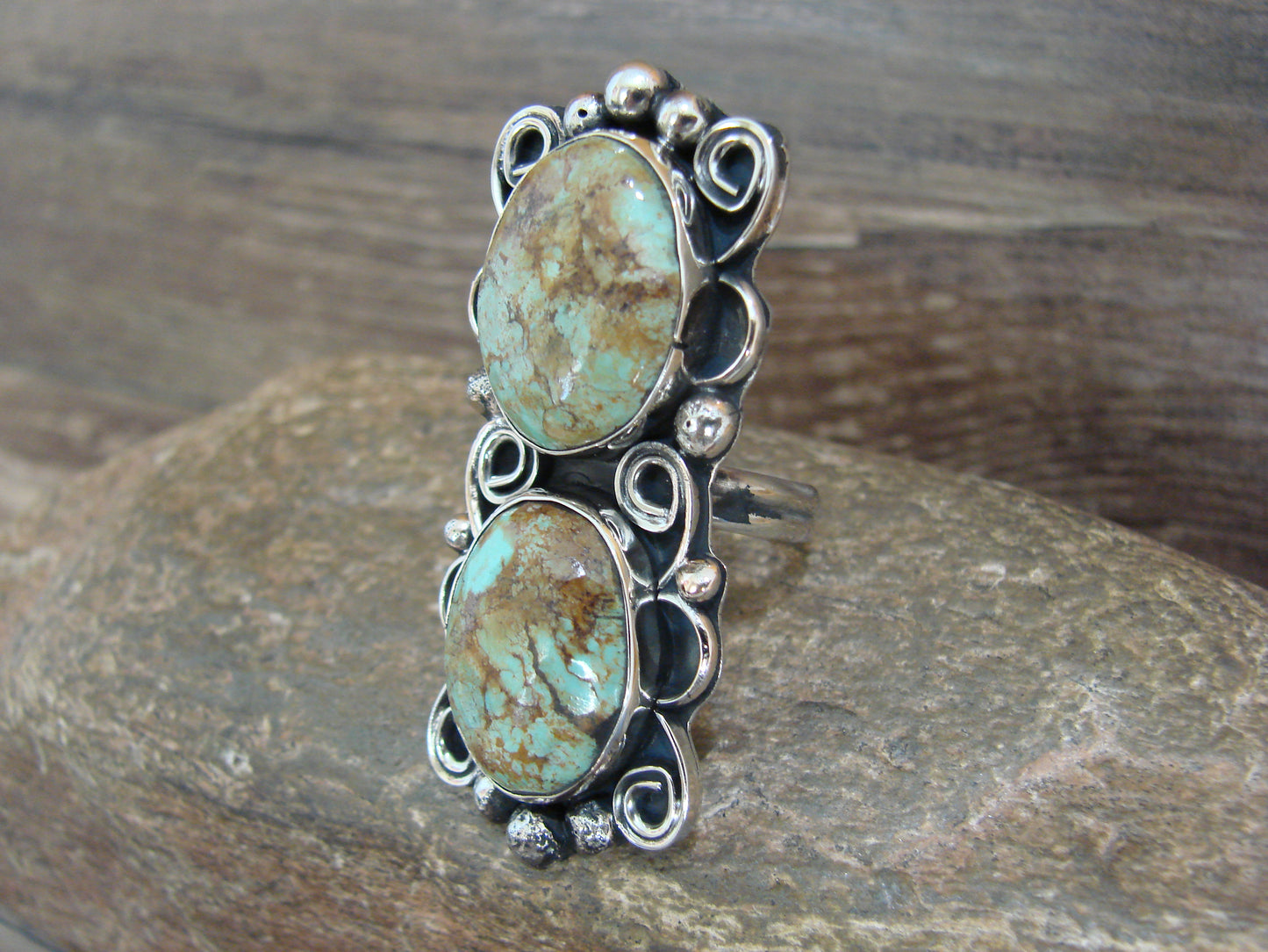 Native American Nickel Silver & Turquoise Adjustable Ring by Cleveland - Size 8 - 10