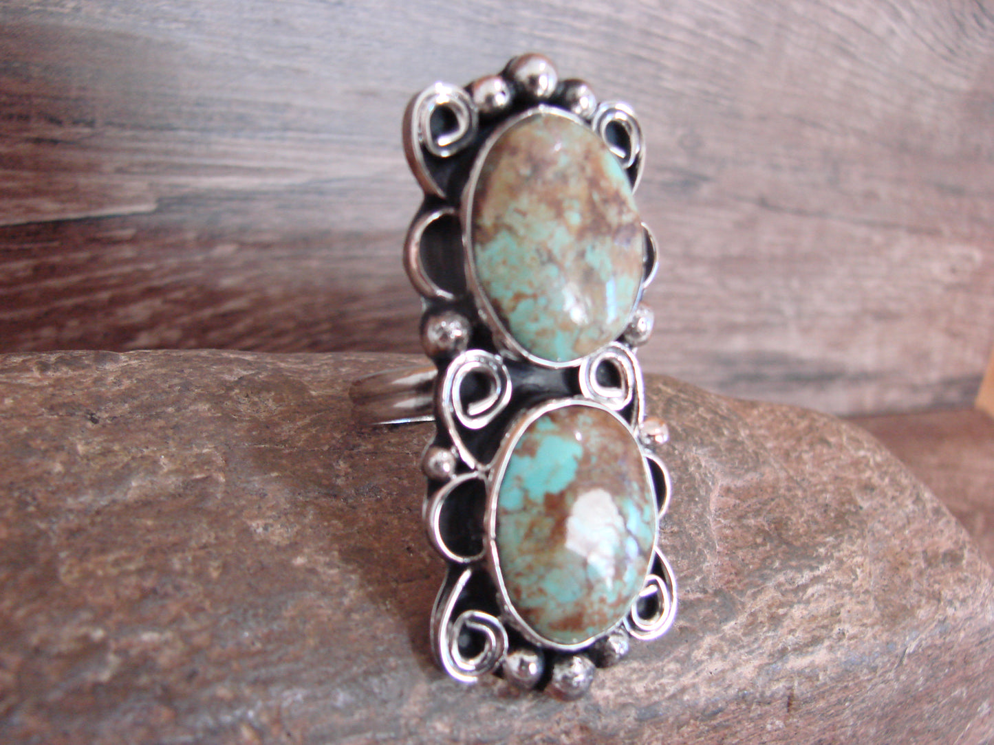 Native American Nickel Silver & Turquoise Adjustable Ring by Cleveland - Size 8 - 10