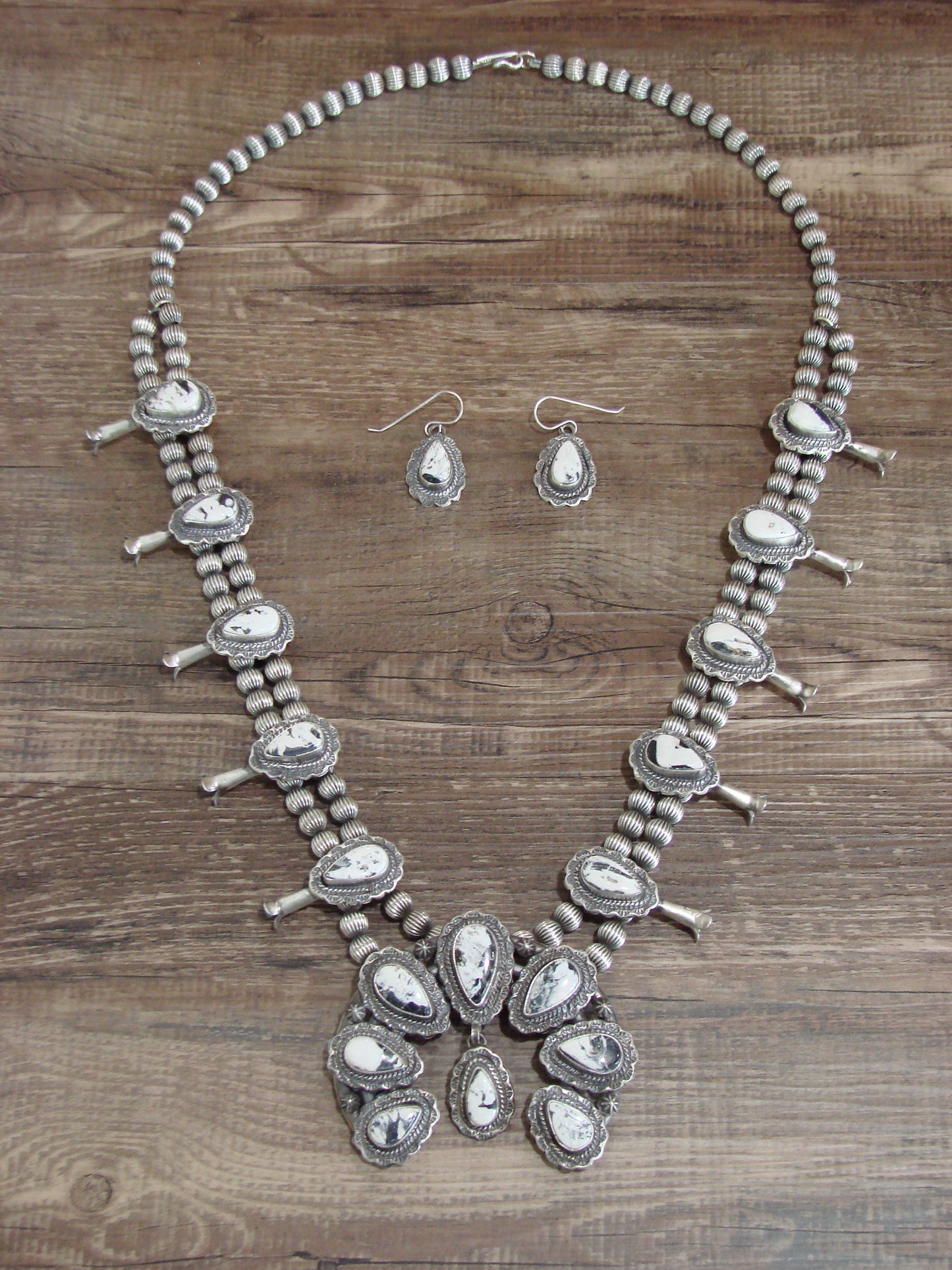 Native American Sterling Silver & White Buffalo Turquoise Squash Blossom Set by Francisco