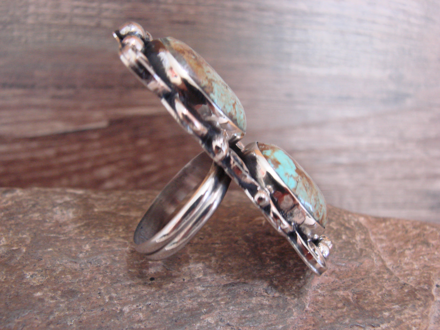 Native American Nickel Silver & Turquoise Adjustable Ring by Cleveland - Size 8 - 10
