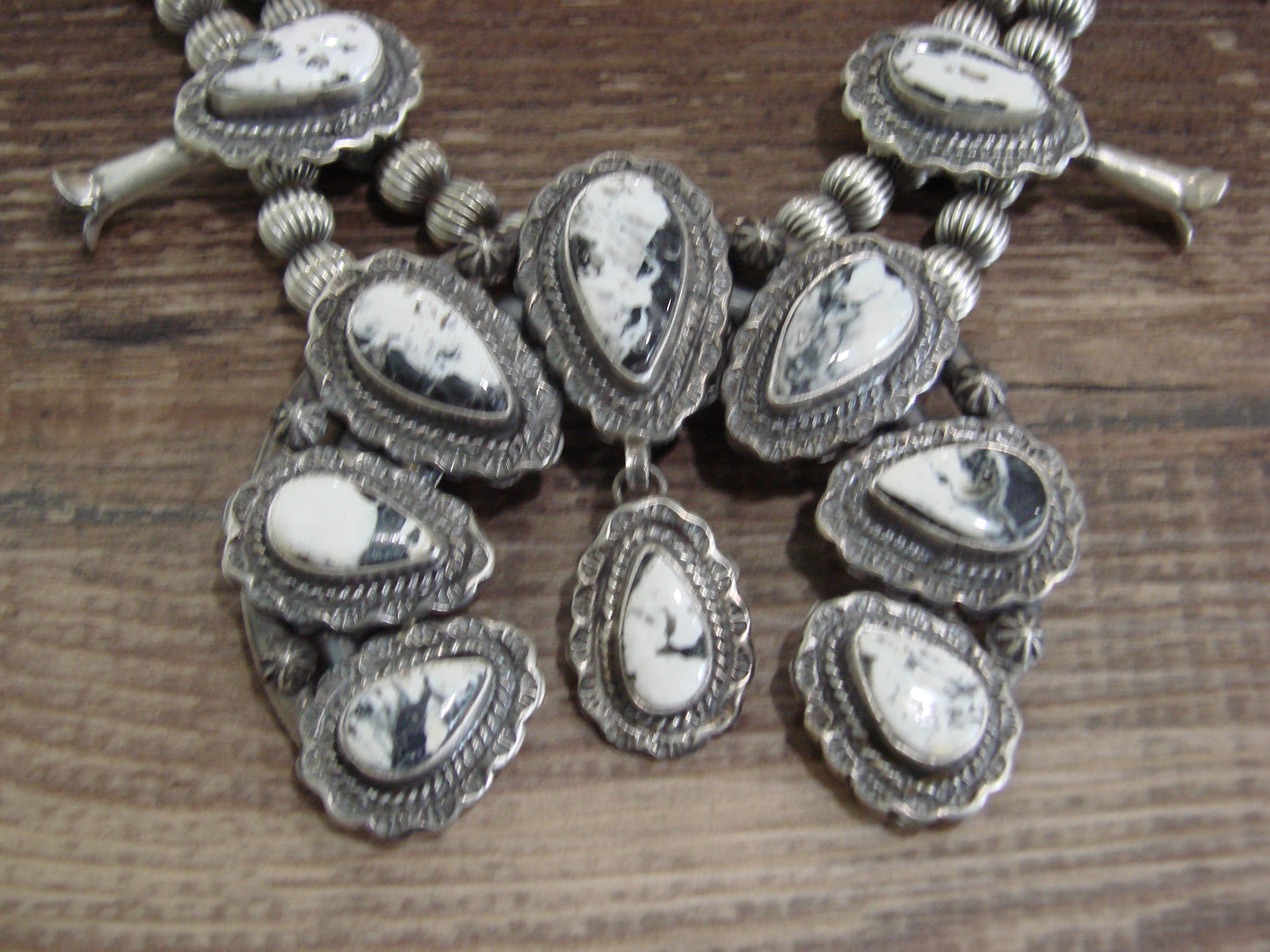 Native American Sterling Silver & White Buffalo Turquoise Squash Blossom Set by Francisco
