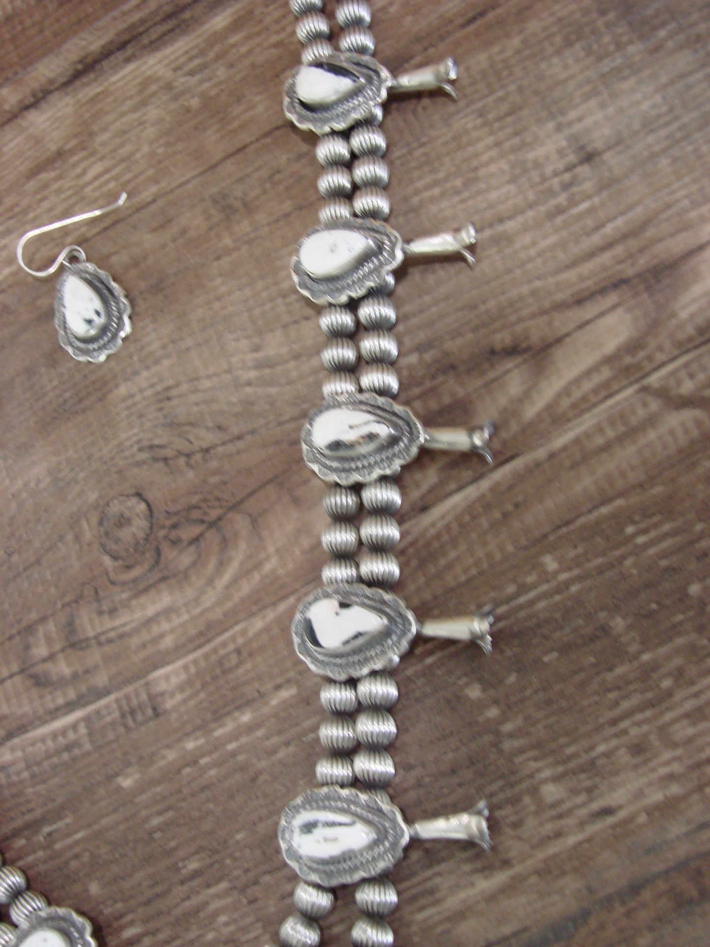 Native American Sterling Silver & White Buffalo Turquoise Squash Blossom Set by Francisco