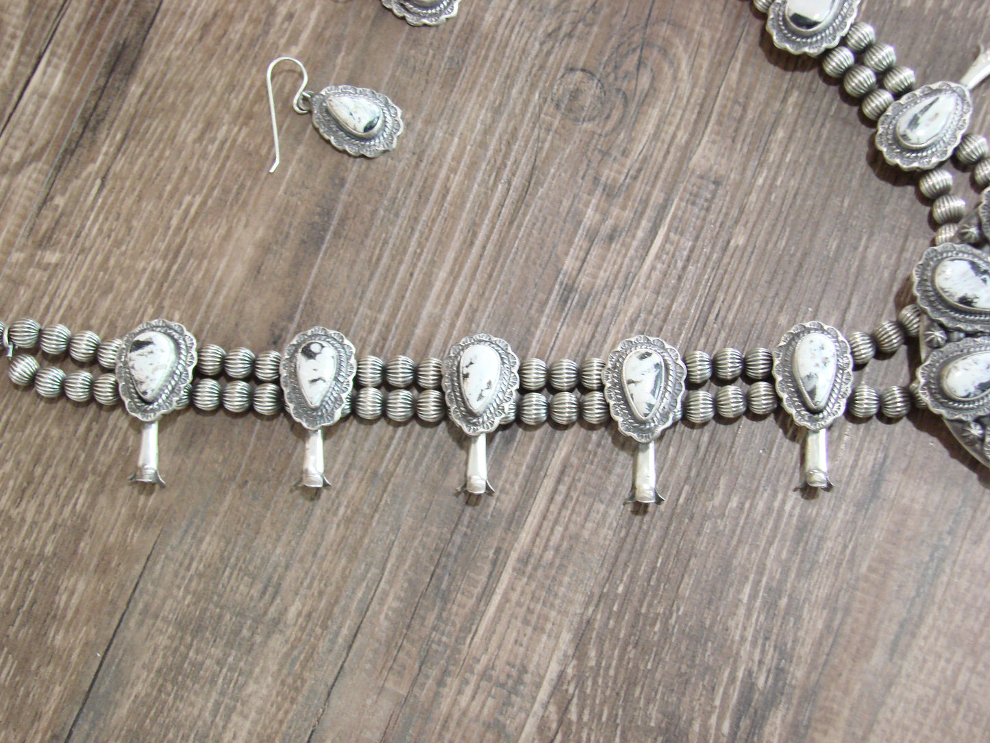 Native American Sterling Silver & White Buffalo Turquoise Squash Blossom Set by Francisco